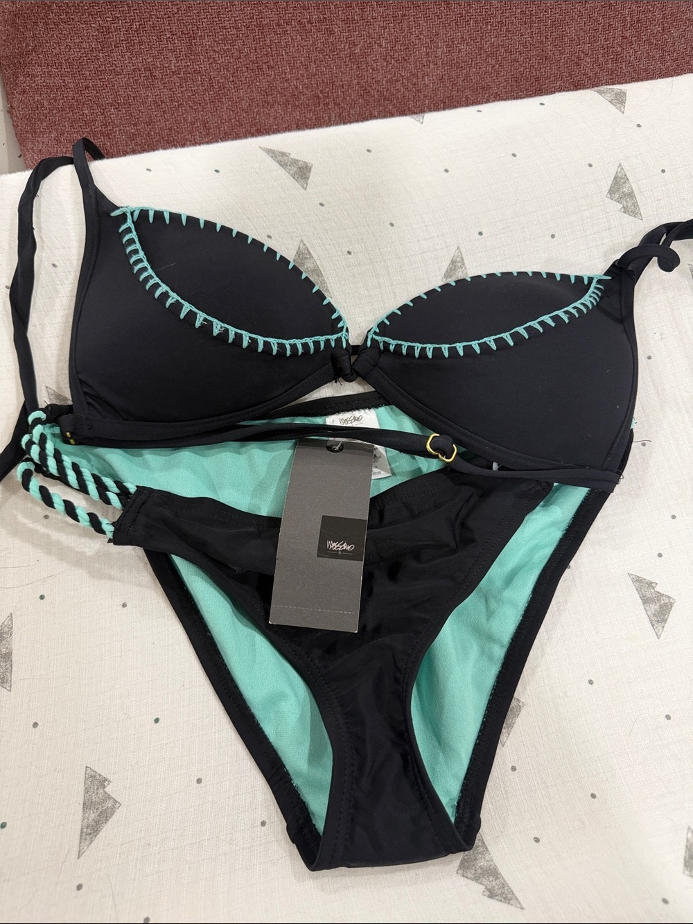 Windsor Black Bikini with Mint Trim & Braided Sides